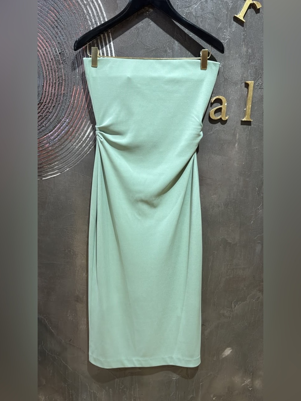 DAY Strapless Sage Green Midi Bodycon Dress synched waist ruffle size L